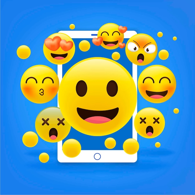 Vettore emoticon gialle felici realistiche davanti ad un cellulare, illustrazione