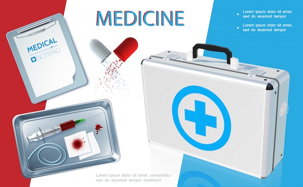 Realistic healthcare template with medical kit notepad broken capsule syringe bloody bandage tourniquet in sterilizer