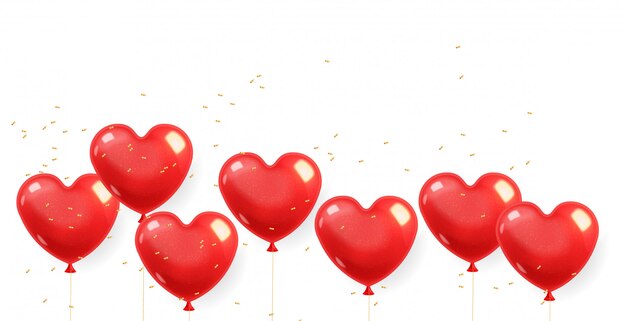 Palloncini cuore realistico e coriandoli oro, rosso isolato con sfondo bianco, decorazione amore, giorno di san valentino