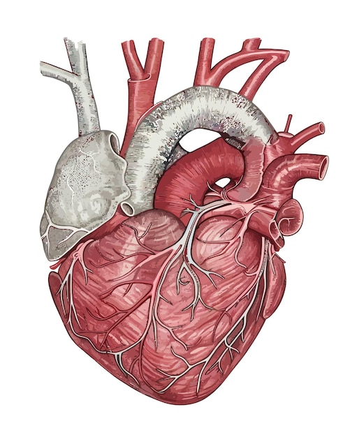 현실적인 심장 실제 내부 장기 해부학적 사실주의 흰색 배경 벡터 만화 그림에 격리됨