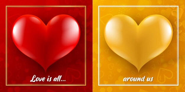 Vector realistic heart shape in red and yellow gold colors for valentines day