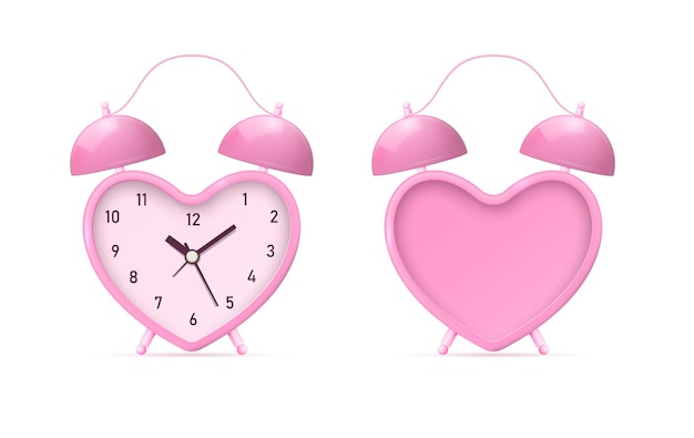 Realistic heart shaped alarm clock isolated on white background