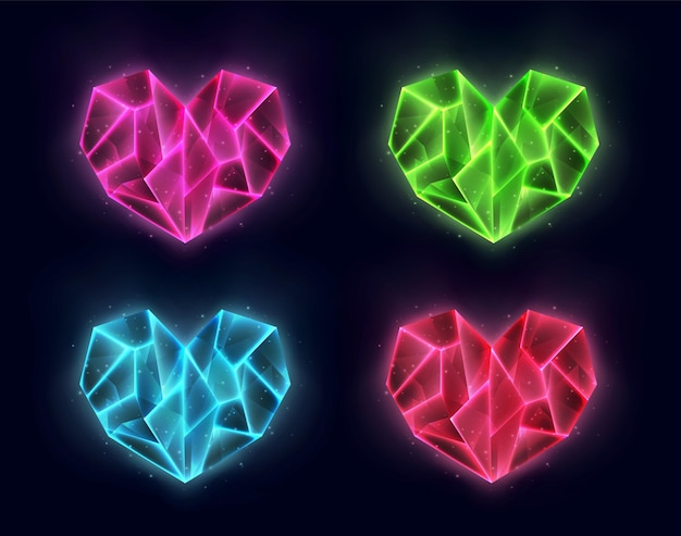 Realistic heart shaped crystals colorful glowing gems 3d magic stones set