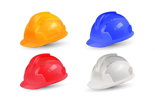 Disegno realistico di raccolta vettore casco. set di cappelli di sicurezza con multi colore.