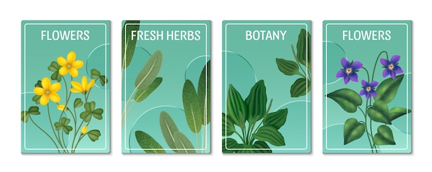 Vector realistic herbs vertical cards set collection with blooming flowers