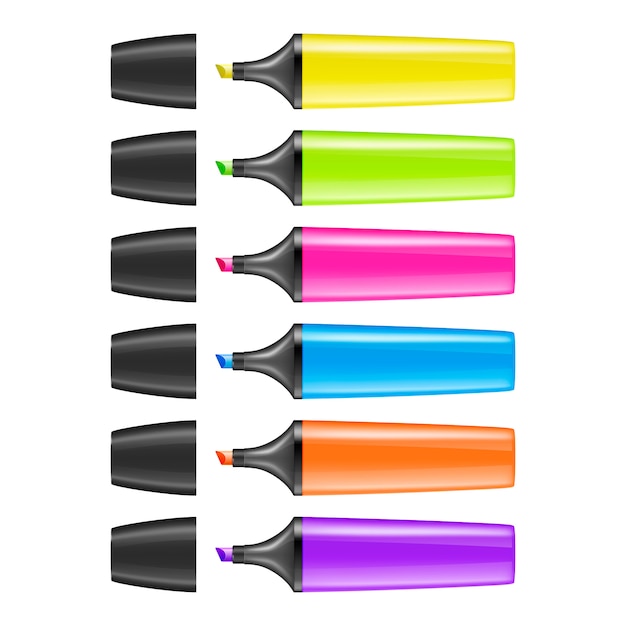 Vector realistic   highlighter pen icon set isolated. colorful text markers.