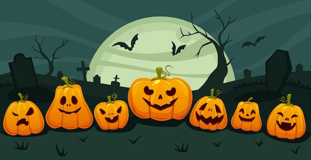 Realistic holiday pumpkins on halloween moon background Vector