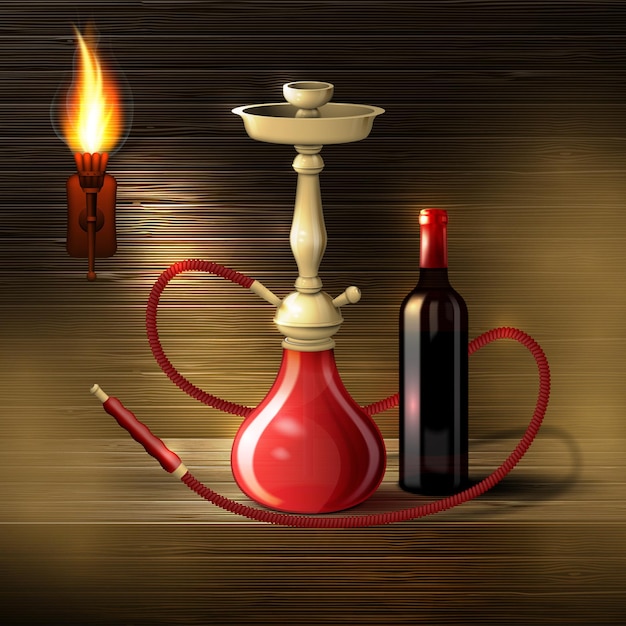 Realistic hookah with a bottle of wine on a wooden background with a torch and smoke