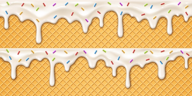 Realistic ice cream melt drip on wafer background