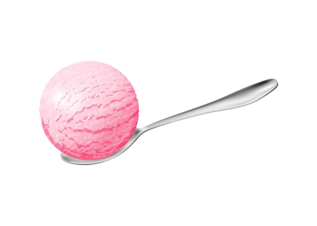 Vettore gelato realistico palla di gelato rosa in cucchiaio con sapore di ciliegio lampone disegno 3d