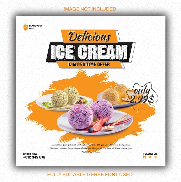 Vector realistic ice cream scoops on a plate with grunge textured social medial poster