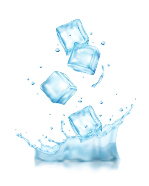 Vector realistic ice cubes splashes composition with view of cubes falling into cold water with drops  illustration