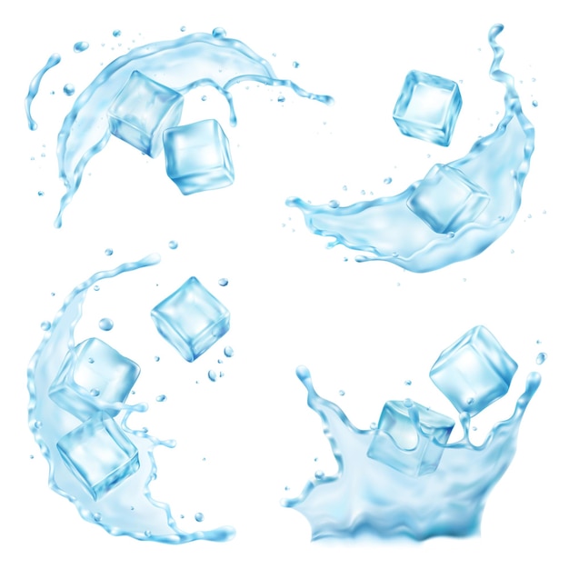 Vector realistic ice cubes water splash set with isolated images of liquid flow drops on blank background vector illustration