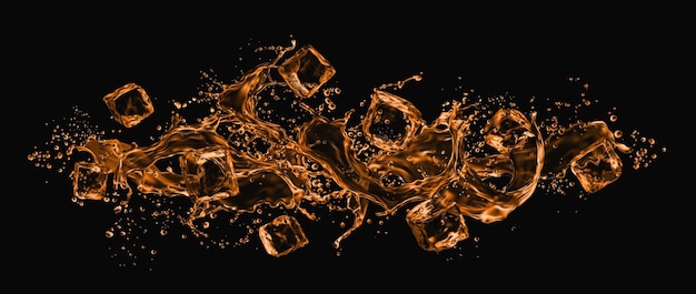 Cubetti di ghiaccio realistici e flusso di schizzi d'onda di whisky