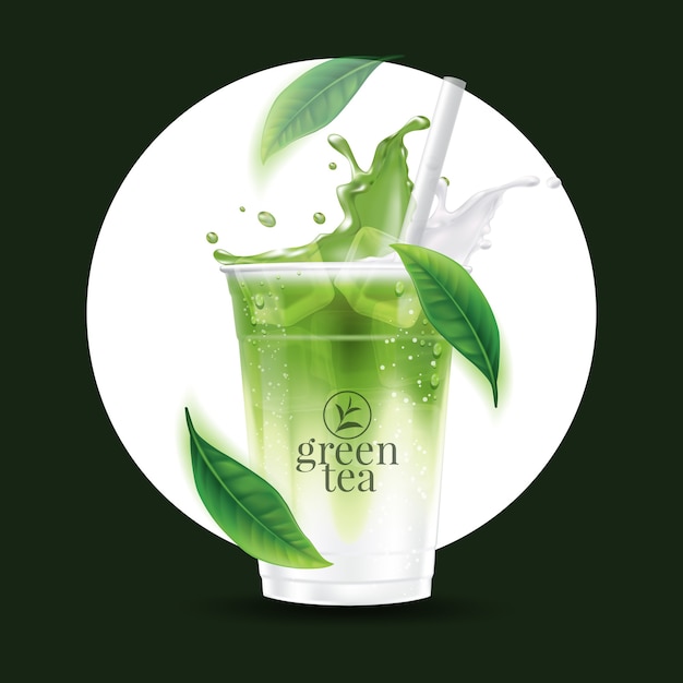 realistic iced matcha green tea drink cup 