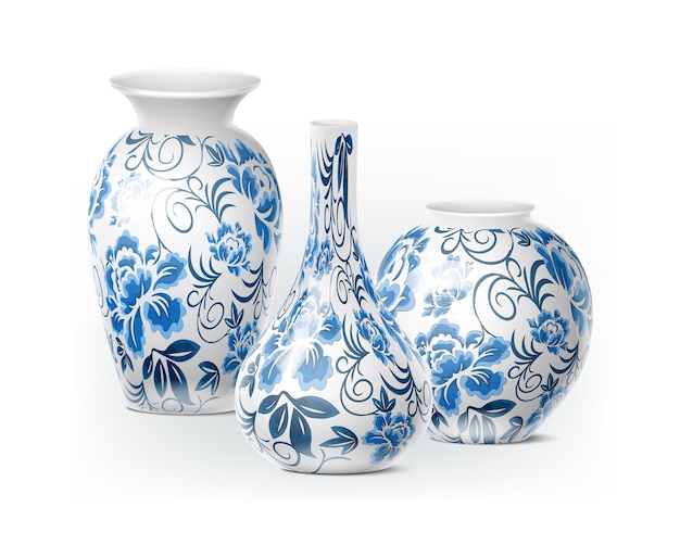 Vettore set di icone realistiche vasi di porcellana bianca cinese isolati