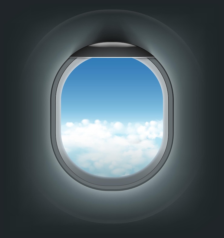 Vector  realistic illustration of airplane illuminator with blue sky with clouds view