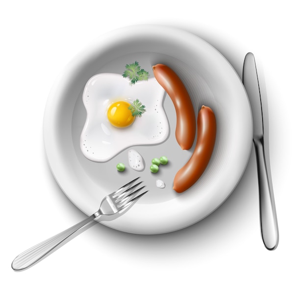 Realistic  illustration, breakfast set with sunny side up fried egg with sausages and peas and coriander on plate with fork.