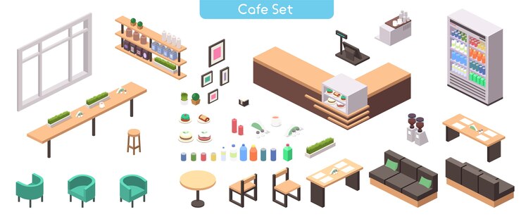  realistic illustration of cafe or cafeteria furniture set. Isometric view of tables, sofa, seats, counter, cash register, cakes, showcase, bottle, shelve, coffee machine, decor  objects
