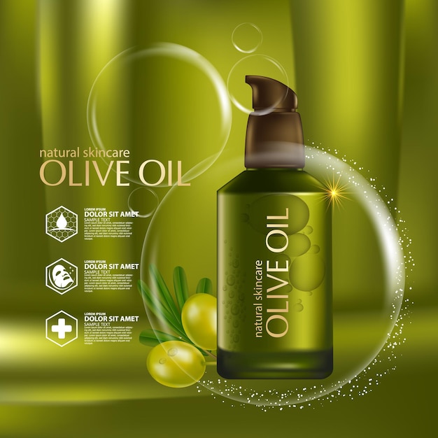 Cosmetici di illustrazione realistica con ingredienti cosmetici per la cura della pelle di olio d'oliva