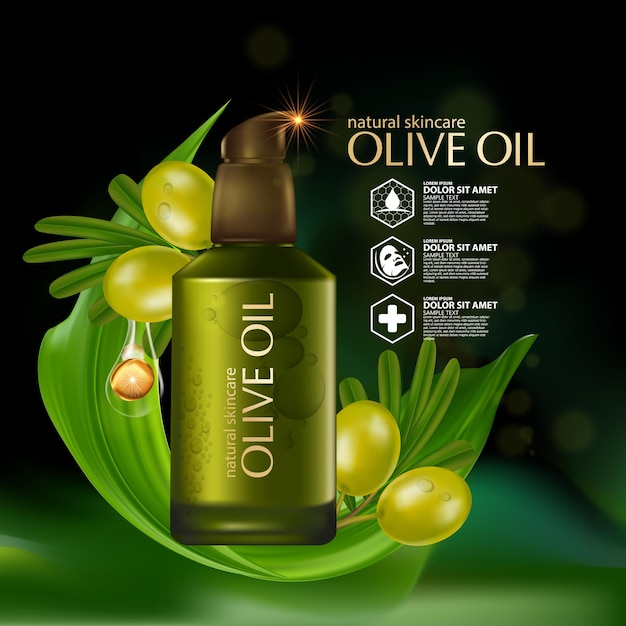 Realistic illustration cosmetic  with ingredients olive oil skincare cosmetic