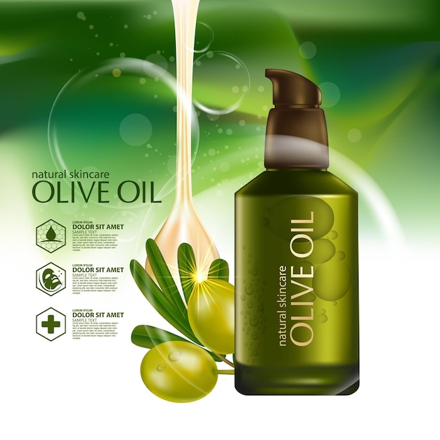 Vettore cosmetici di illustrazione realistica con ingredienti cosmetici per la cura della pelle di olio d'oliva