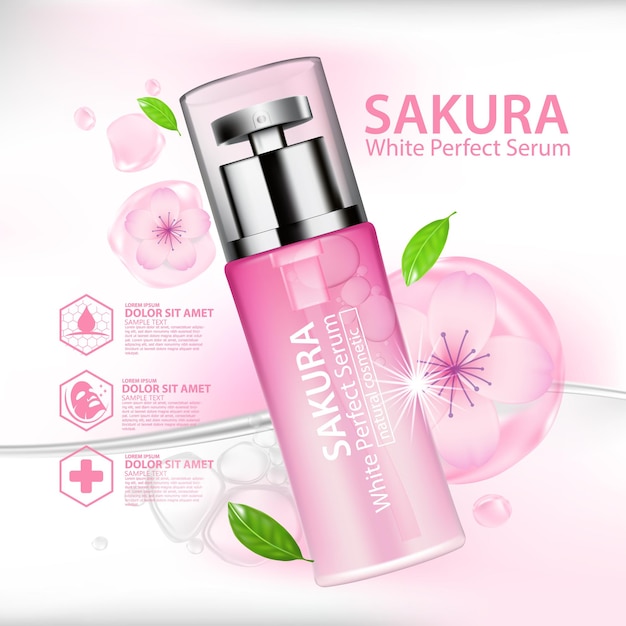 Realistic illustration cosmetic  with ingredients sakura cherry blossoms skincare cosmetic