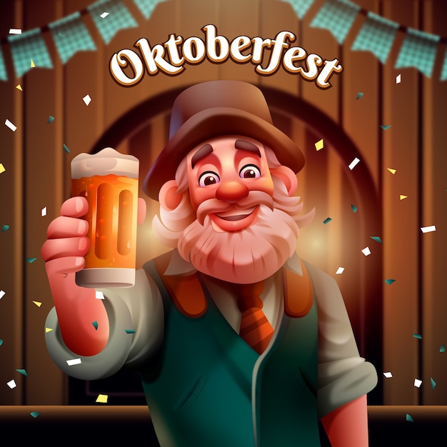 オクトーバーフェストのビール祭りのお祝いのリアルなイラスト
