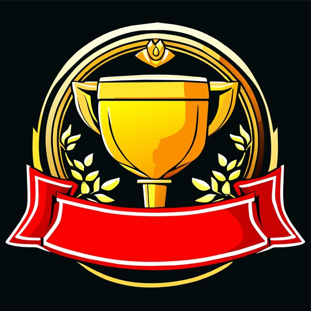 Vector realistic illustration of golden goblet and medal with red ribbon