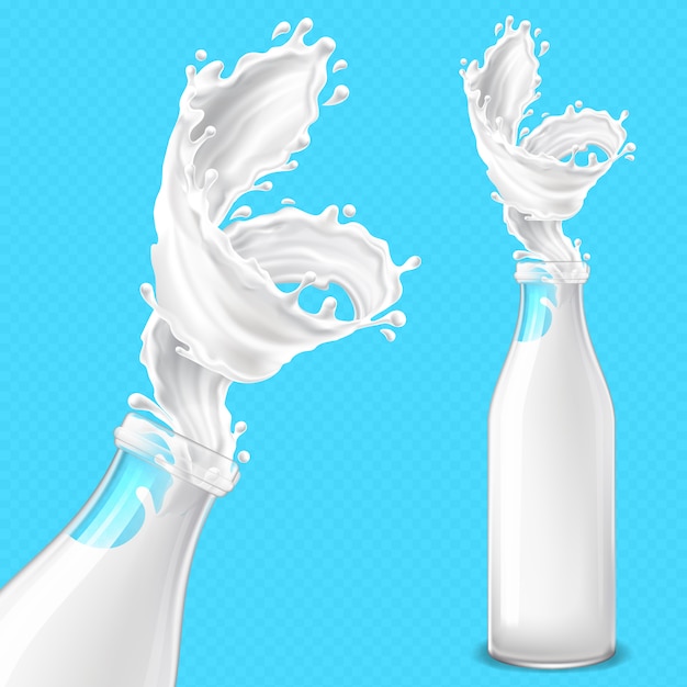 Реалистичная иллюстрация стеклянной бутылки с молоком и закрученного всплеска