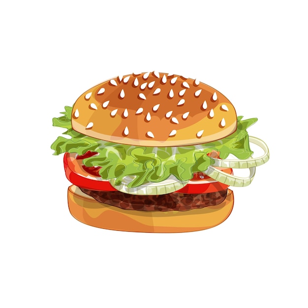 Illustrazione realistica modello di hamburger, delizioso hamburger con ingredienti lattuga, cipolla, tortino, pomodoro, formaggio, panino isolato su sfondo bianco