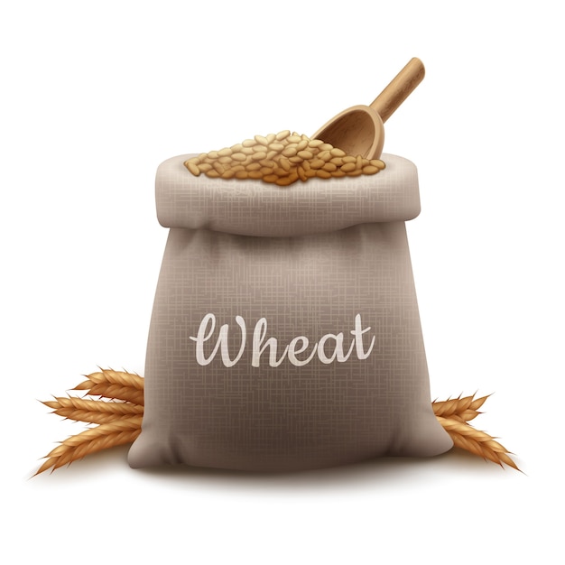 Realistic illustration sack of wheat grain with shovel and cereals spikelets