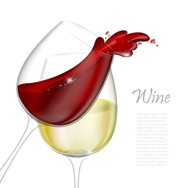 Vettore illustrazione realistica. bicchiere di vino isolato trasparente con vino rosso e bianco. vino rosso che versa da una spruzzata di vetro