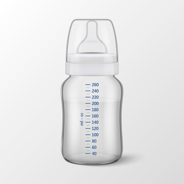 Realistic  illustration - water in baby bottle with scale of measurement icon closeup  on white background. sterile empty milk container  template,  for graphics