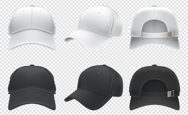 Vector realistic illustration of white and black textile baseball cap front side and rear view