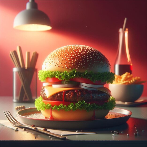 Вектор Реалистичная иллюстрация бургера на тарелке на столе с успокаивающим красным фоном