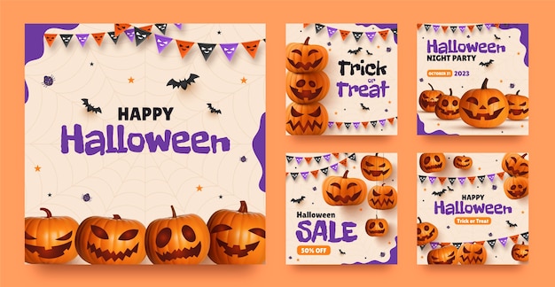 Collezione di post realistici su instagram per la celebrazione di halloween