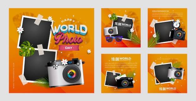 Raccolta di post instagram realistici per la celebrazione della giornata mondiale della fotografia