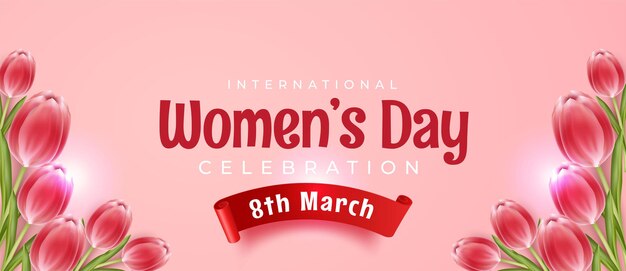 Realistic international women's day banner with tulip flower on pink background