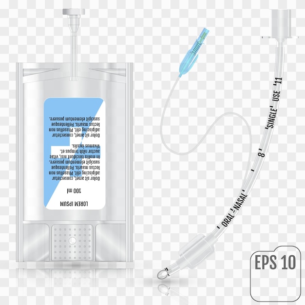 Realistic intravenous fluid and tracheal  endotracheal  intubation  tube with inflatable cuff on transparent background infusion system and tracheal tube with inflatable cuff