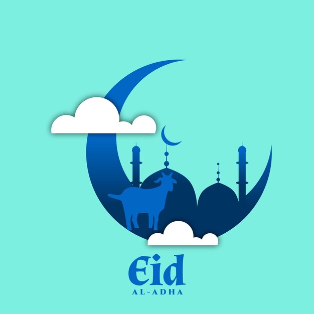 Realistic Islamic eid al Adha Mubarak card illustration with mosque moon cloud and clear background