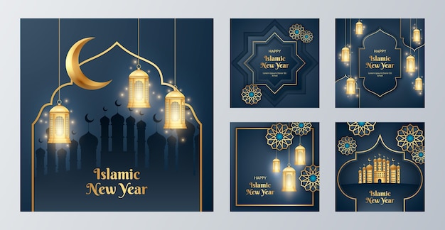 Vector realistic islamic new year instagram posts collection with lanterns and crescent moon