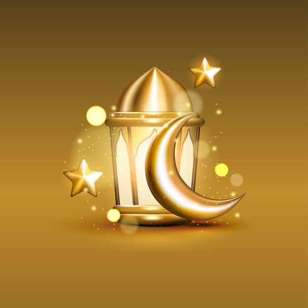 Realistic Islamic objects with bokeh particles 3D golden lantern crescent and stars