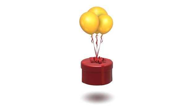 Realistic isolated flying gift box with balloons in 3d style