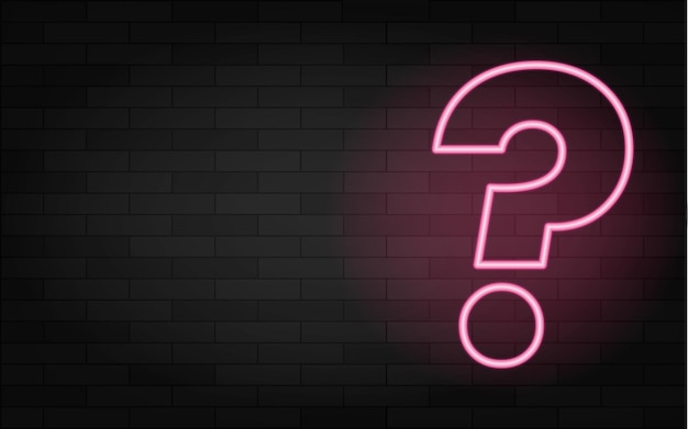 Vector realistic isolated neon question mark for decoration on the dark brick wall background. vector illustration. pink glowing outline neon question mark.