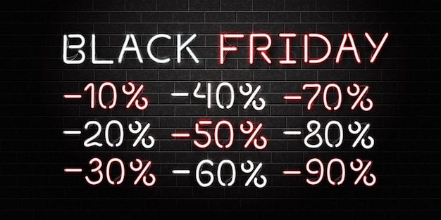 Vettore segno al neon isolato realistico di lettere del black friday e numeri di sconto di vendita