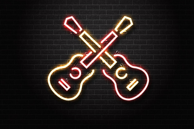 Vector realistic isolated neon sign of guitar logo for template decoration on the wall background.