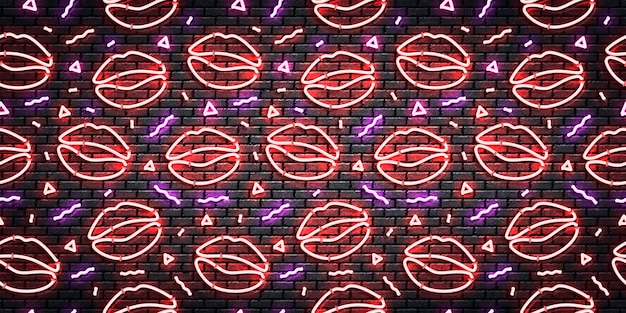 Vector realistic isolated neon sign of lips seamless pattern