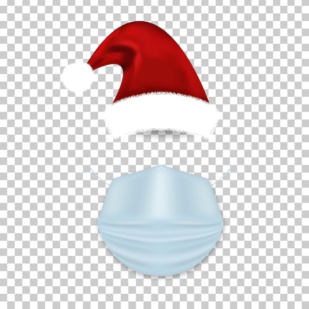 Vector realistic isolated santa claus hat and medical mask on the transparent background