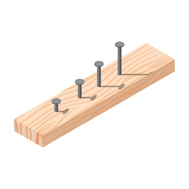 Vector realistic isometric rasped wooden timber plank for building construction or floring with nails.